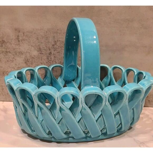 Dept. 56 Ceramic Woven Basket Turquoise Vintage Made In Italy 9" x 6" x 6.25" - Picture 4 of 9